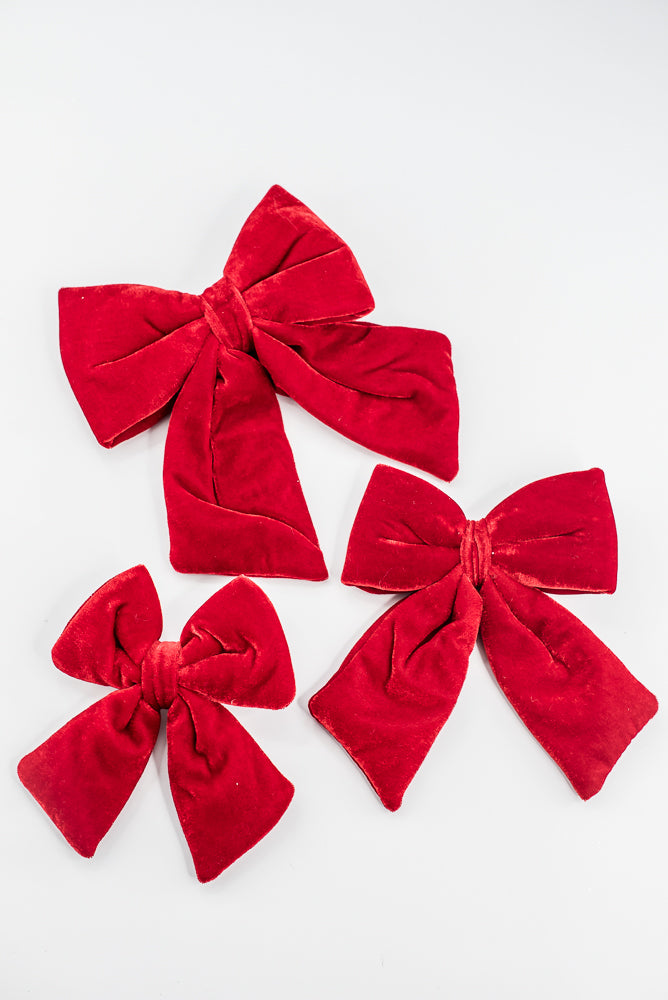 Set Of 3 Red Velvet Bow With Clip - 5"- 7"
