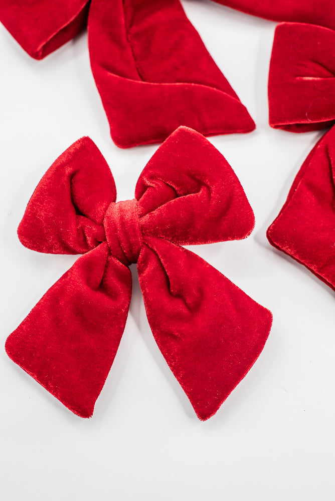 Set Of 3 Red Velvet Bow With Clip - 5"- 7"