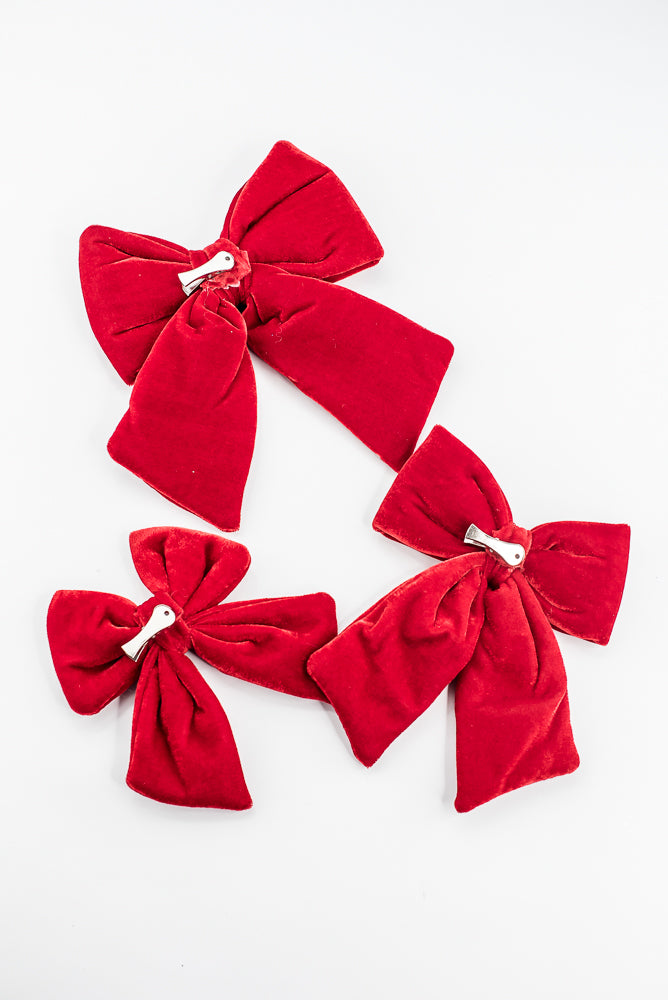 Set Of 3 Red Velvet Bow With Clip - 5"- 7"