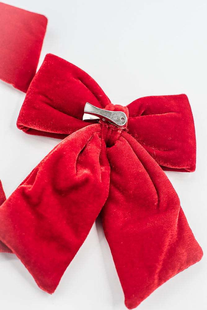 Set Of 3 Red Velvet Bow With Clip - 5"- 7"
