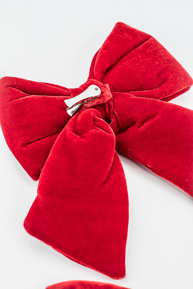 Set Of 3 Red Velvet Bow With Clip - 5"- 7"