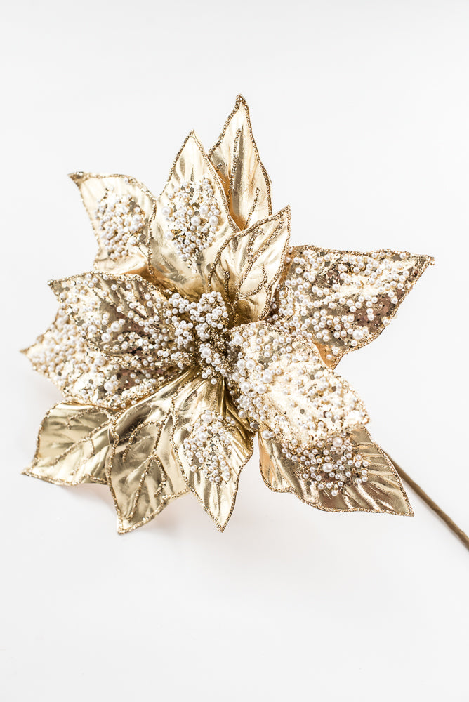 Artificial Champagne Metallic Poinsettia Stem With Pearl - 20"