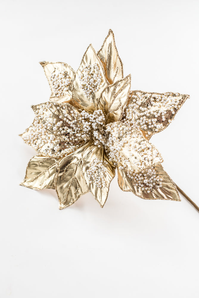 Artificial Champagne Metallic Poinsettia Stem With Pearl - 20"