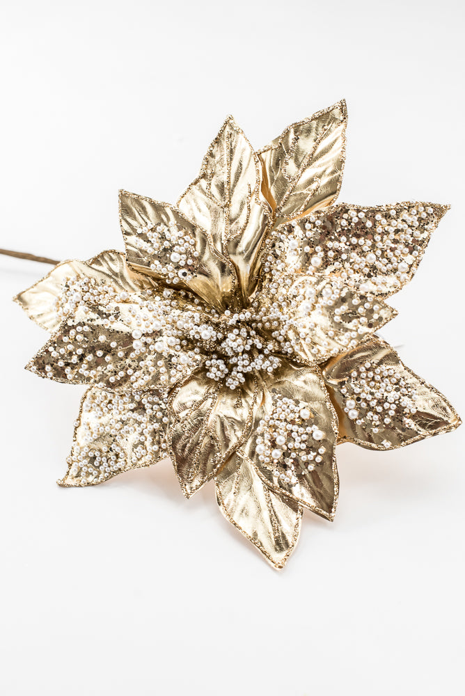 Artificial Champagne Metallic Poinsettia Stem With Pearl - 20"