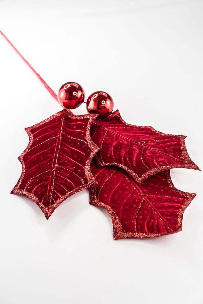 Artificial Red Holly Leaves Spray - 39"