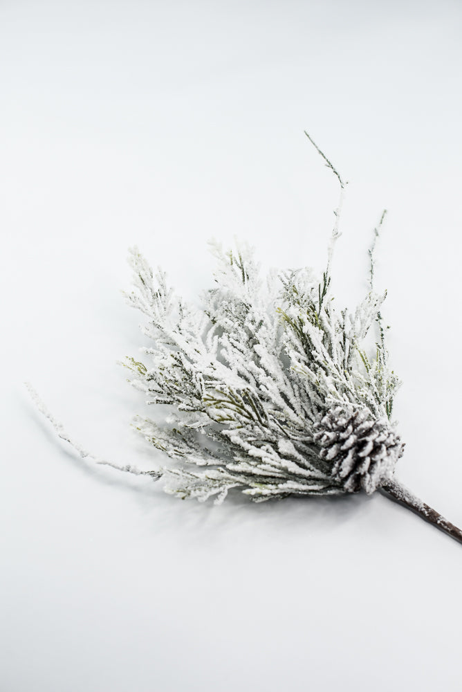 Snowy cedar and pine cone pick