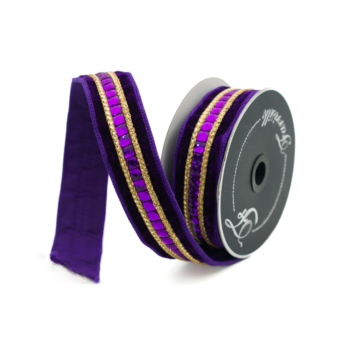 Farrisilk Purple Gemstones Wired Ribbon - 1.5"