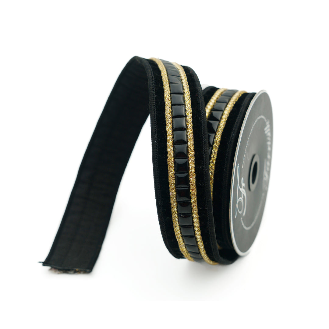 Farrisilk Black Gemstones Wired Ribbon - 1.5"