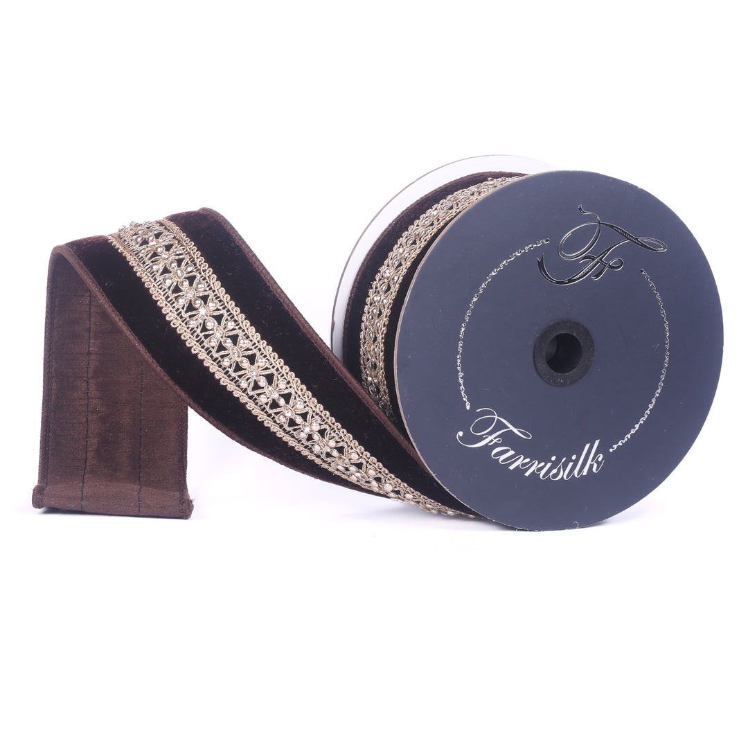 Farrisilk Chocolate Twinkle Crest Wired Ribbon - 2.5"