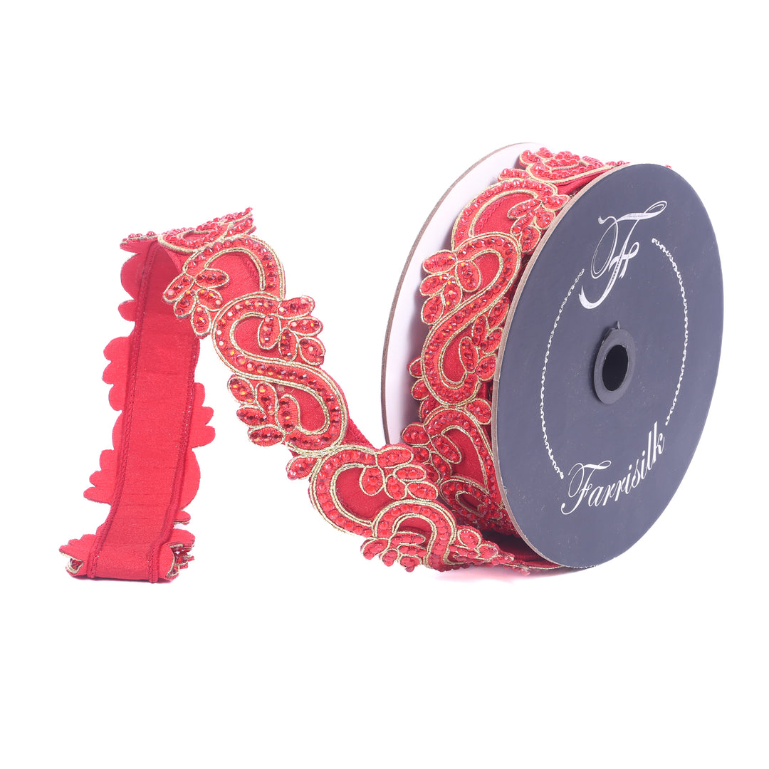 Farrisilk Red Eccentric Gems Wired Ribbon - 2"
