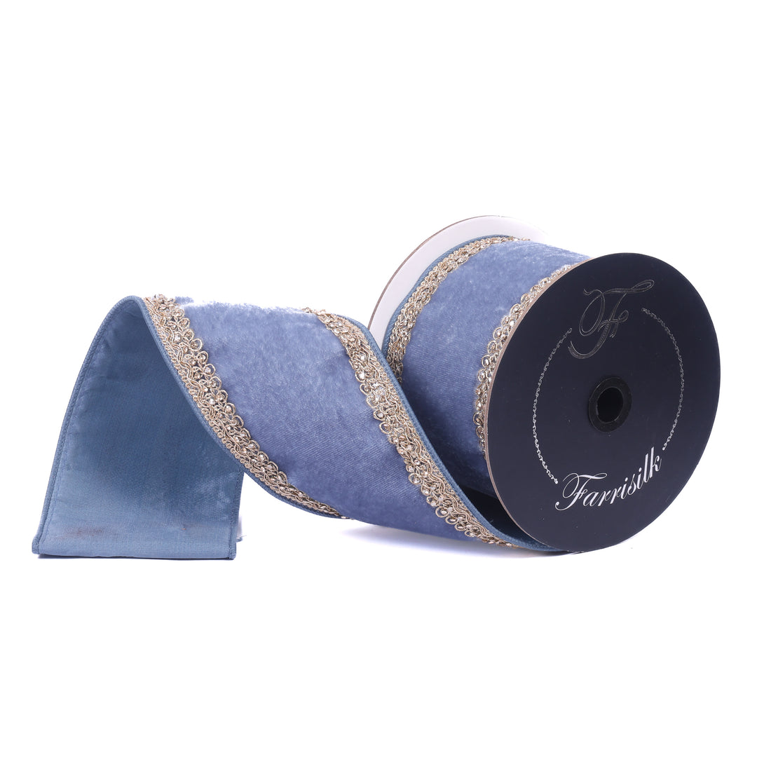 Farrisilk Steel Blue Plush Topaz Wired Ribbon - 4"