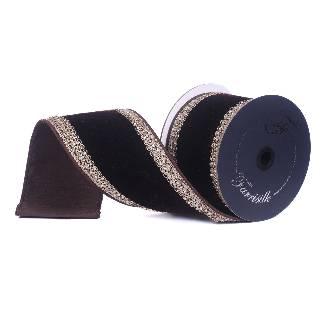 Farrisilk Chocolate Plush Topaz Wired Ribbon - 4"