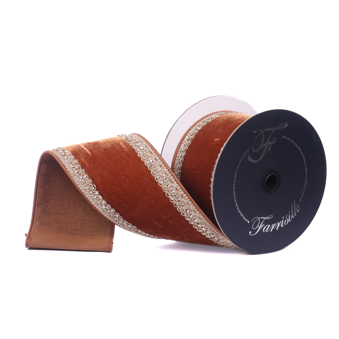 Farrisilk Pecan Plush Topaz Wired Ribbon - 4"