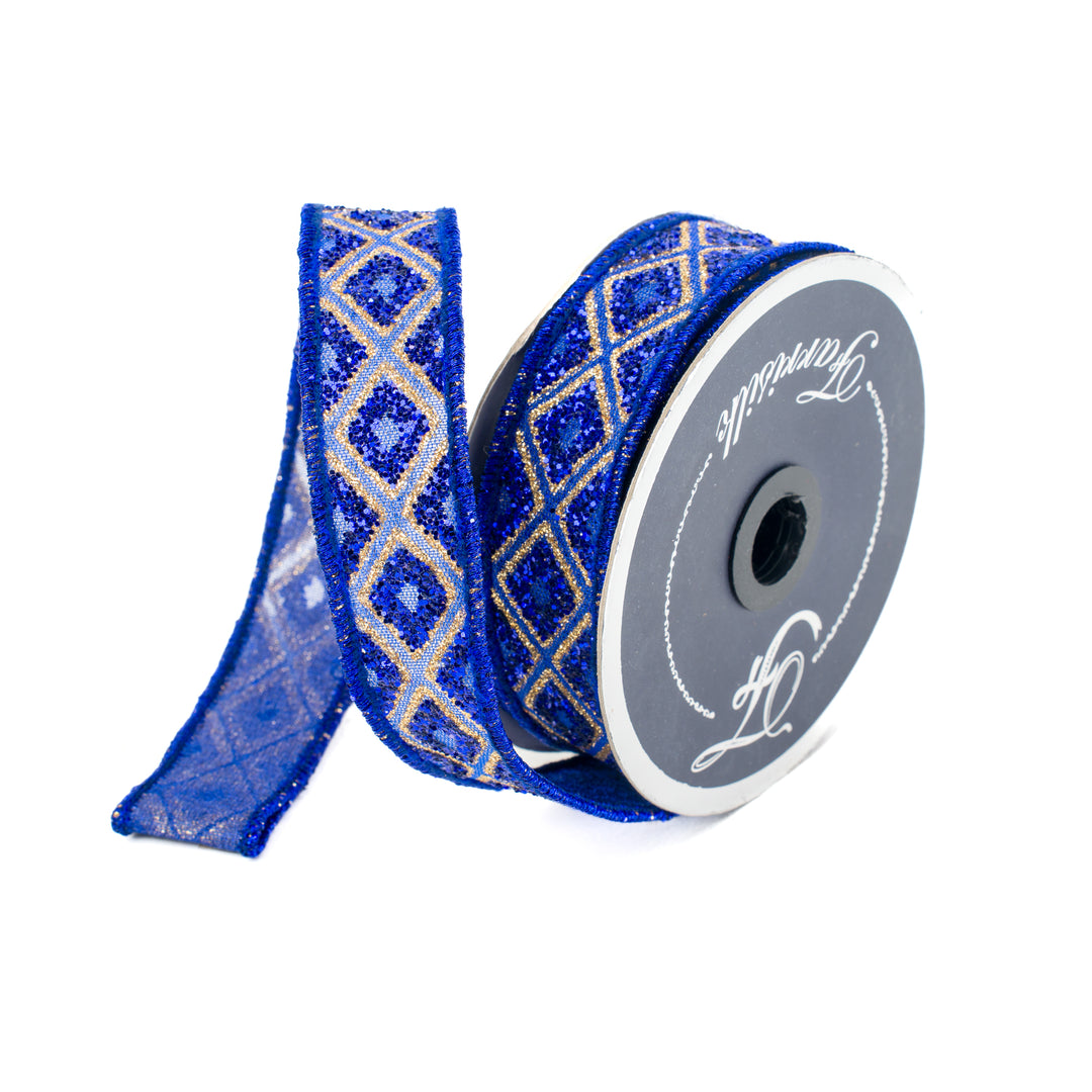 Farrisilk Royal Blue Marquise Diamond Wired Ribbon - 1"