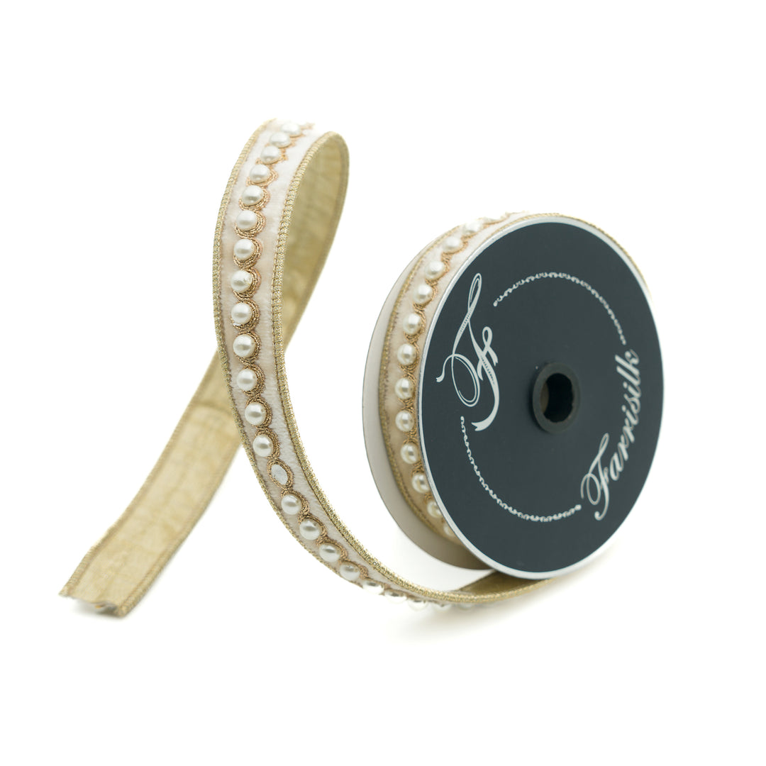 Farrisilk Ivory Pearl Borders Wired Ribbon - 1"