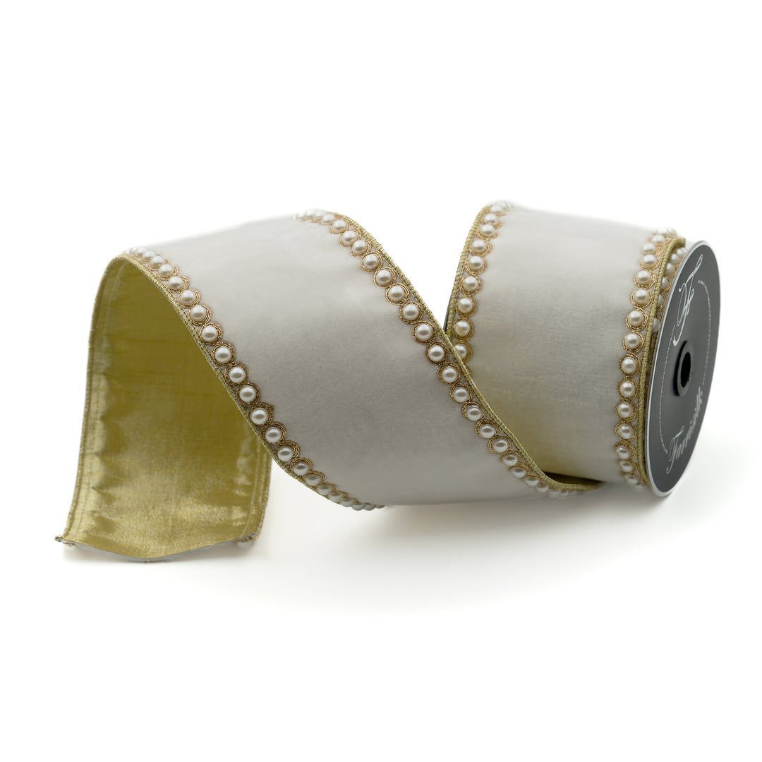 Farrisilk Ivory Pearl Borders Wired Ribbon - 4"