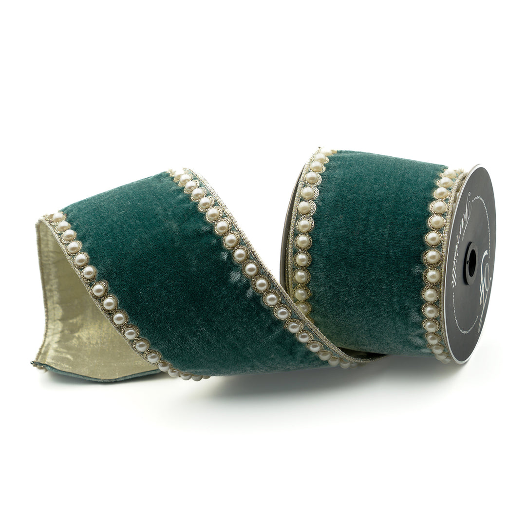 Farrisilk Celadon Pearl Borders Wired Ribbon - 4"