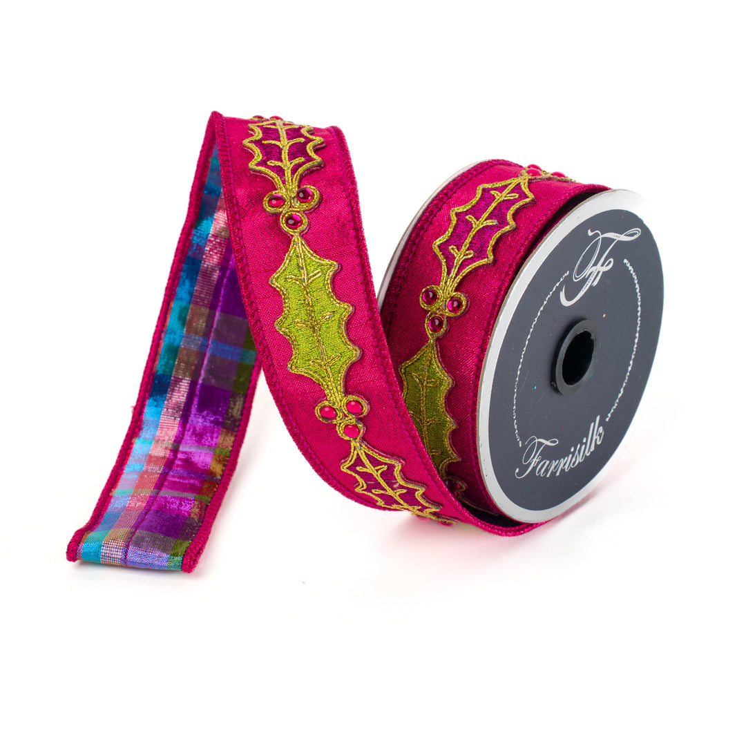 Farrisilk Hot Pink Jolly Holly Wired Ribbon - 1.5"