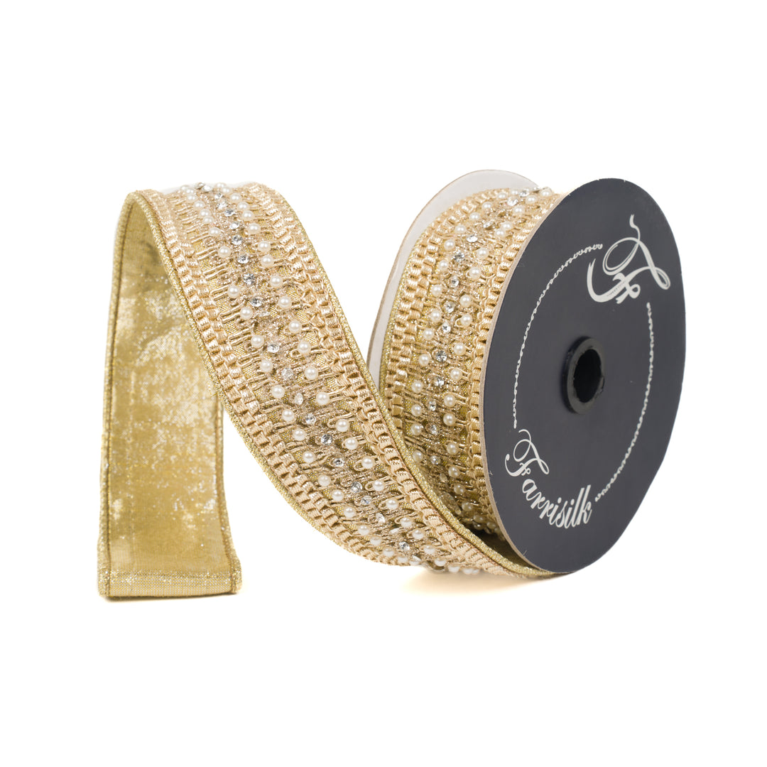 Farrisilk Gold Victorian Pearl Trim Wired Ribbon - 1.75"