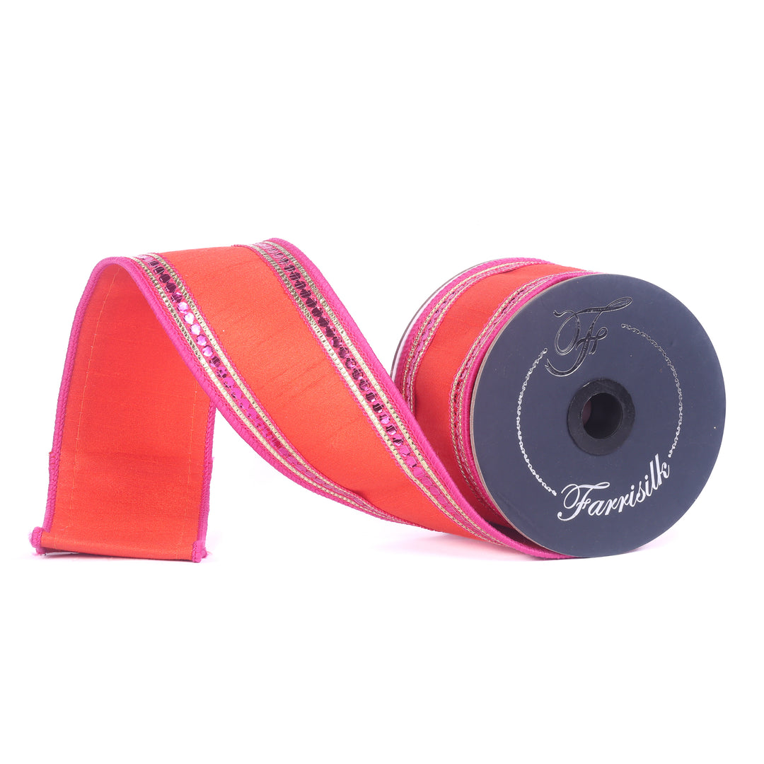 Farrisilk Orange & Hot Pink Twinkle Borders Wired Ribbon - 2.5"