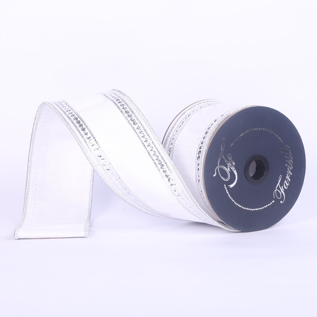 Farrisilk White & Silver Twinkle Borders Wired Ribbon - 2.5"