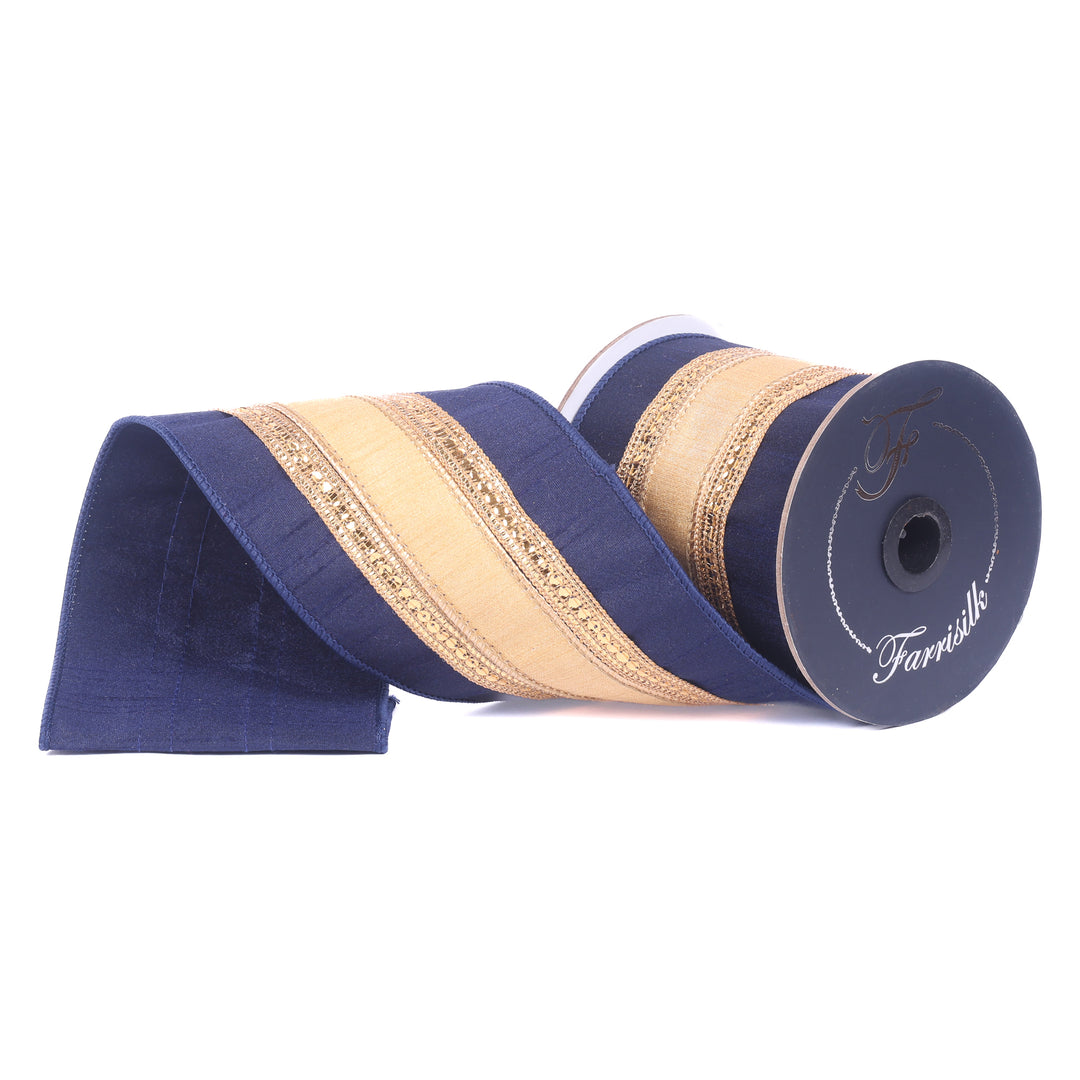 Farrisilk Navy Blue Twinkle Borders Wired Ribbon - 4"