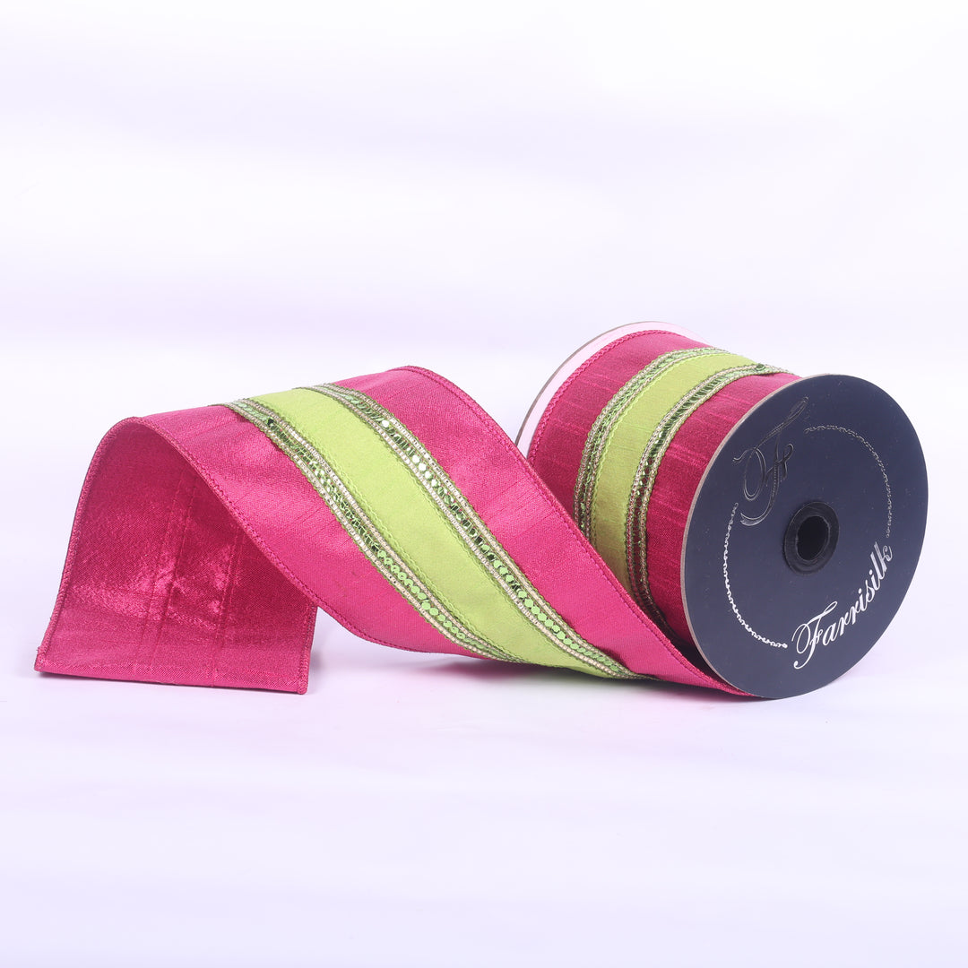 Farrisilk Lime & Hot Pink Twinkle Borders Wired Ribbon - 4"