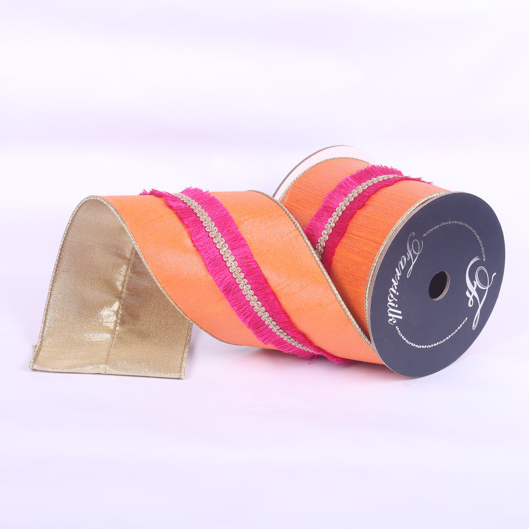 Farrisilk Orange Velvety Fringe Wired Ribbon - 4"