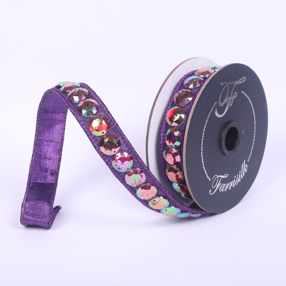 Farrisilk Eggplant Aurora Gem Garland Wired Ribbon - .75"