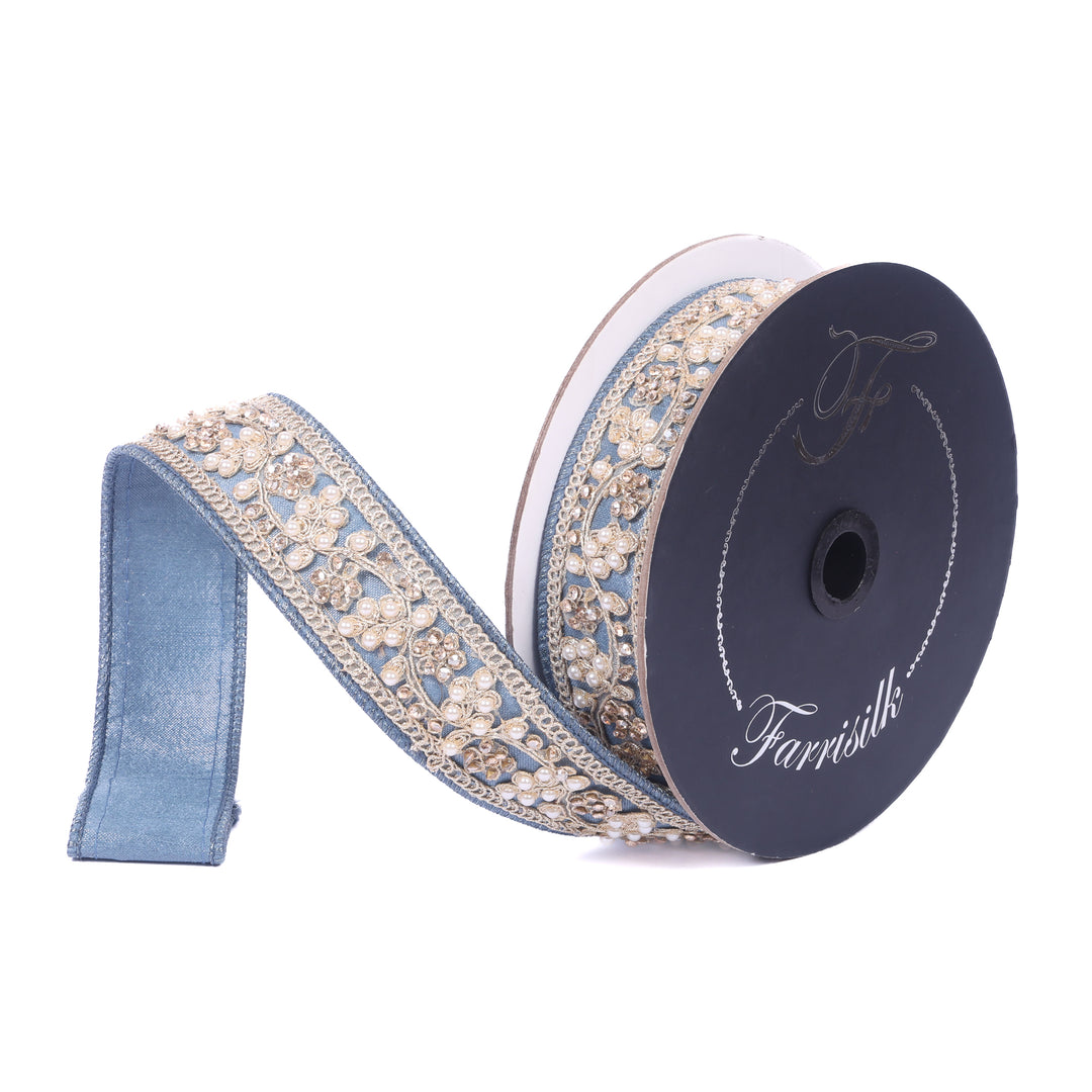 Farrisilk Steel Blue Cecilia Pearl Wired Ribbon - 1.5"
