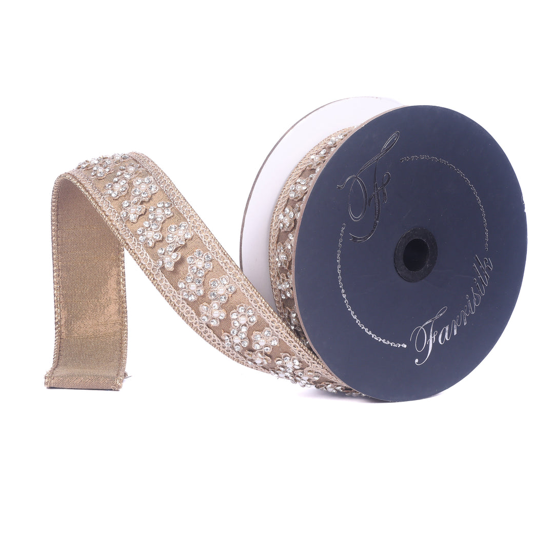 Farrisilk Antique Gold Crystal Florettes Wired Ribbon - 1.5"
