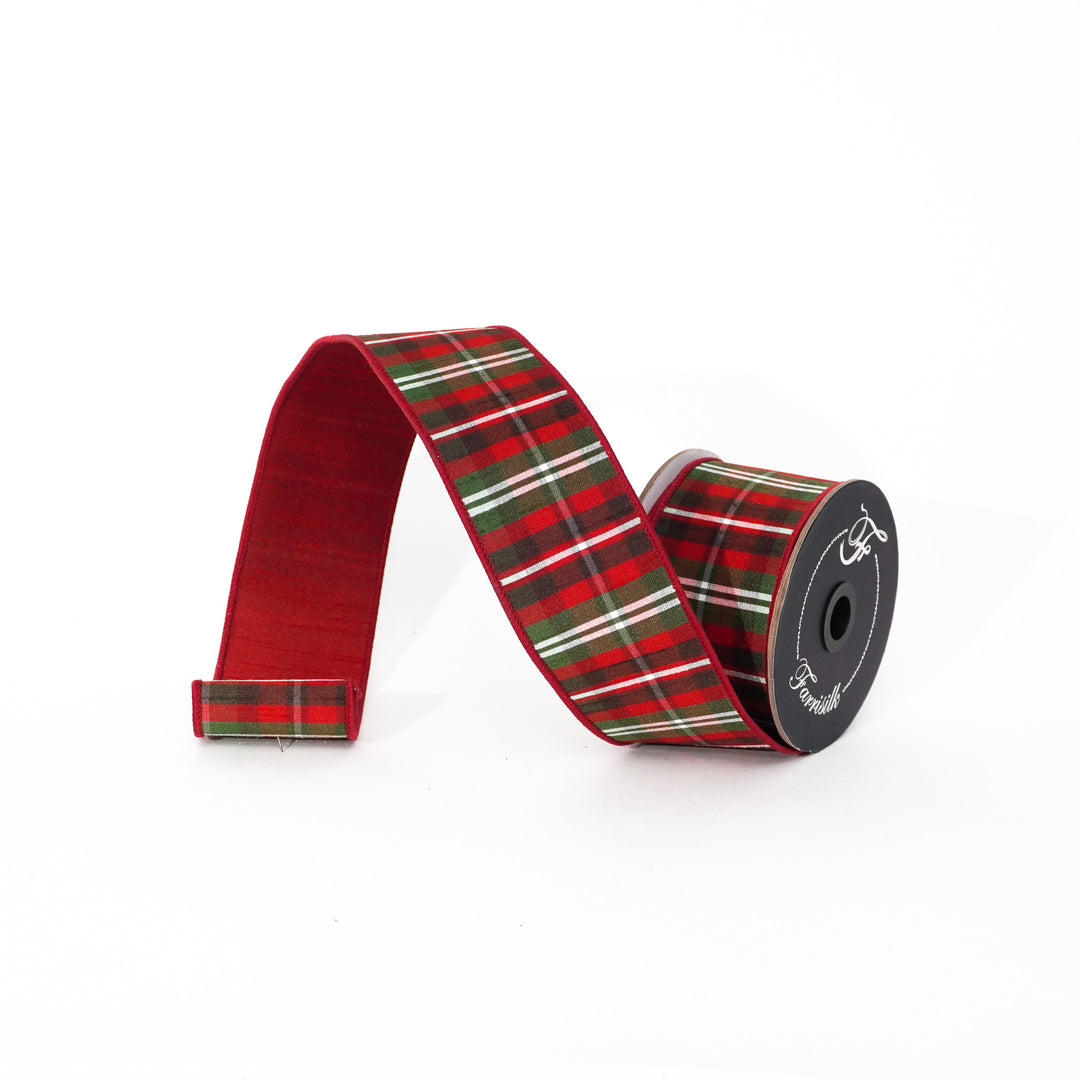 Farrisilk Burgundy Multi Christmas Plaid Wired Ribbon - 2.5"