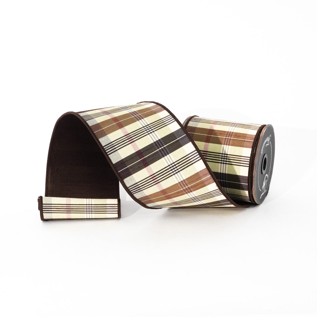 Farrisilk Chocolate & Beige Christmas Plaid Wired Ribbon - 4"