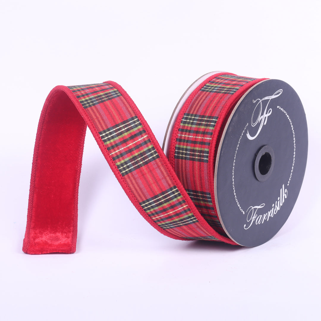 Farrisilk Red, Lime, & Black Plaid Plush Wired Ribbon - 1.5"