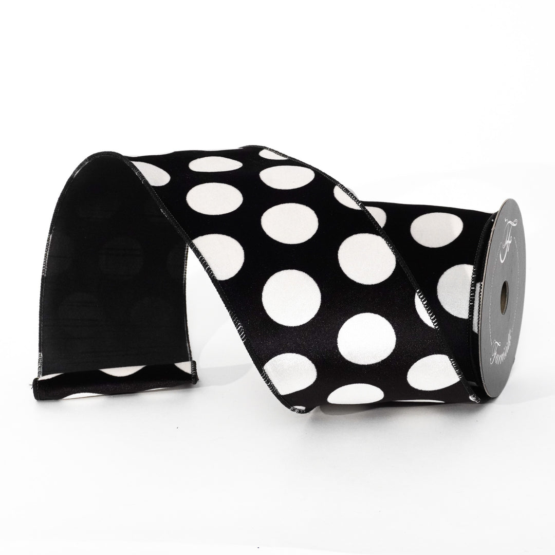 Farrisilk Black Velvet Dots Wired Ribbon - 4"