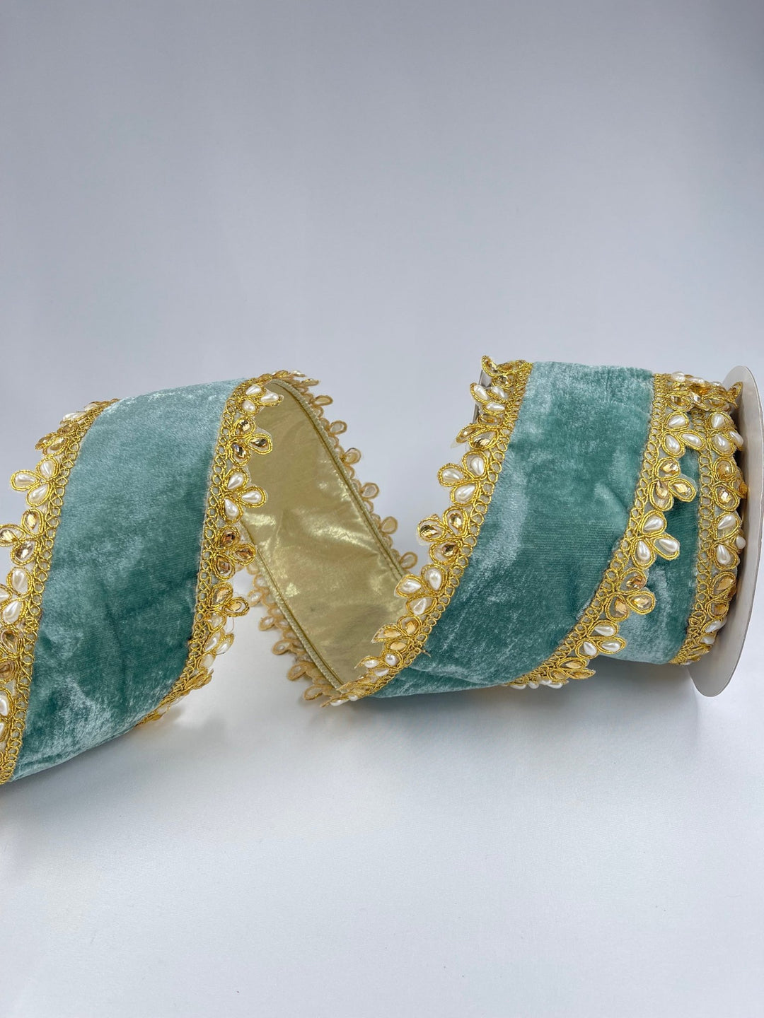 Aqua and gold velvet and jewels wired ribbon - 4” - Greenery Marketwired ribbonMTX69494 AQGD