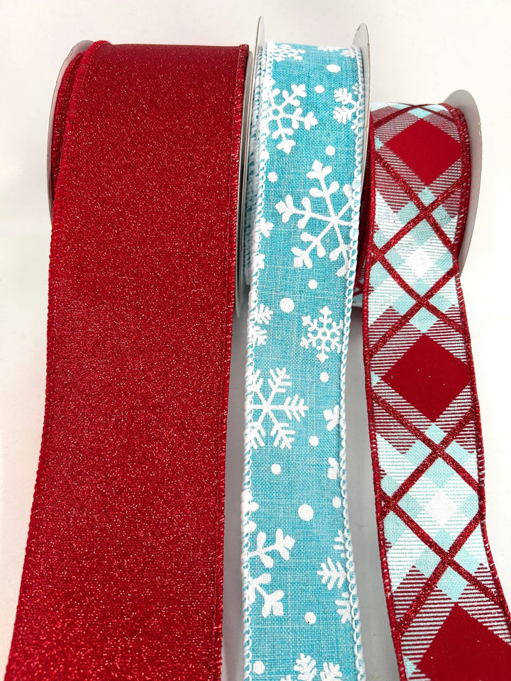 Aqua Blue And Red Flakes Bow Bundle x 3 Ribbons - Greenery MarketAquaFlakesX3