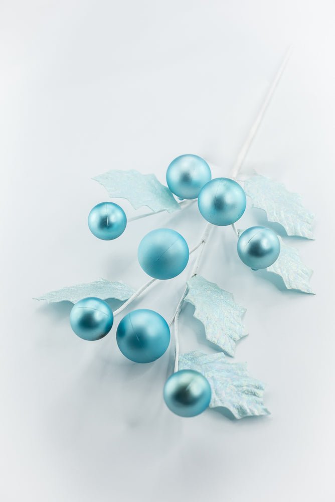 Aqua Blue Holly & Ball Leaves Spray - Greenery Market86344BL