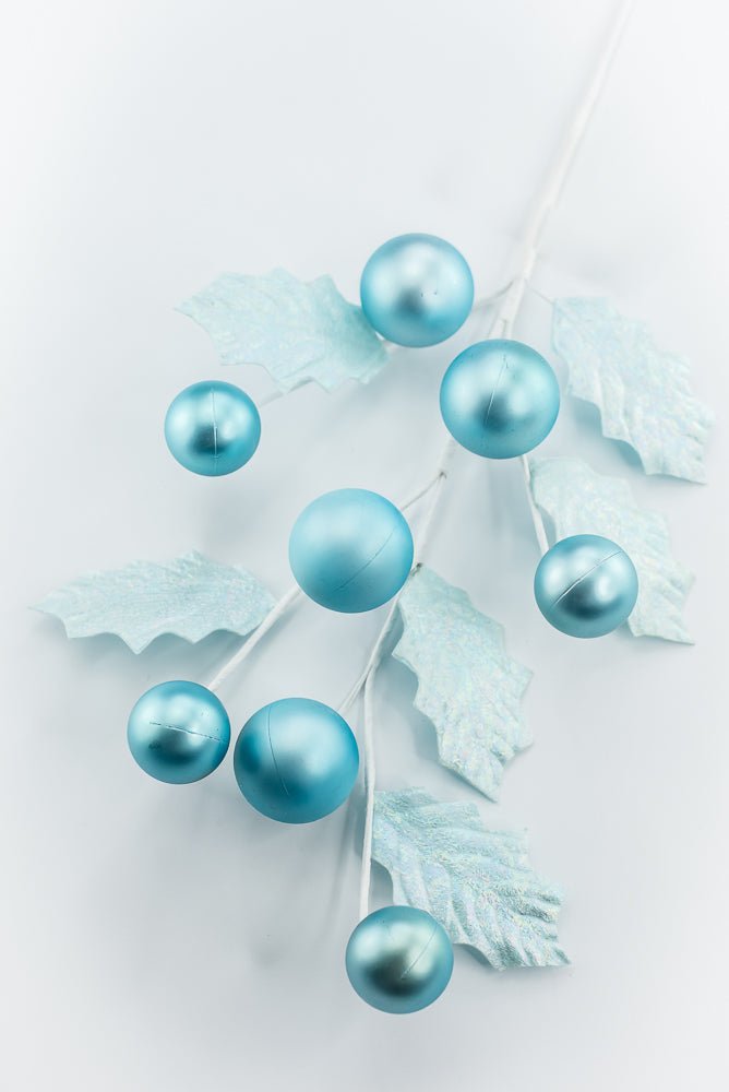 Aqua Blue Holly & Ball Leaves Spray - Greenery Market86344BL