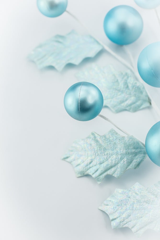 Aqua Blue Holly & Ball Leaves Spray - Greenery Market86344BL