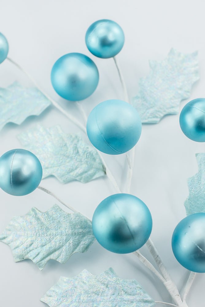 Aqua Blue Holly & Ball Leaves Spray - Greenery Market86344BL