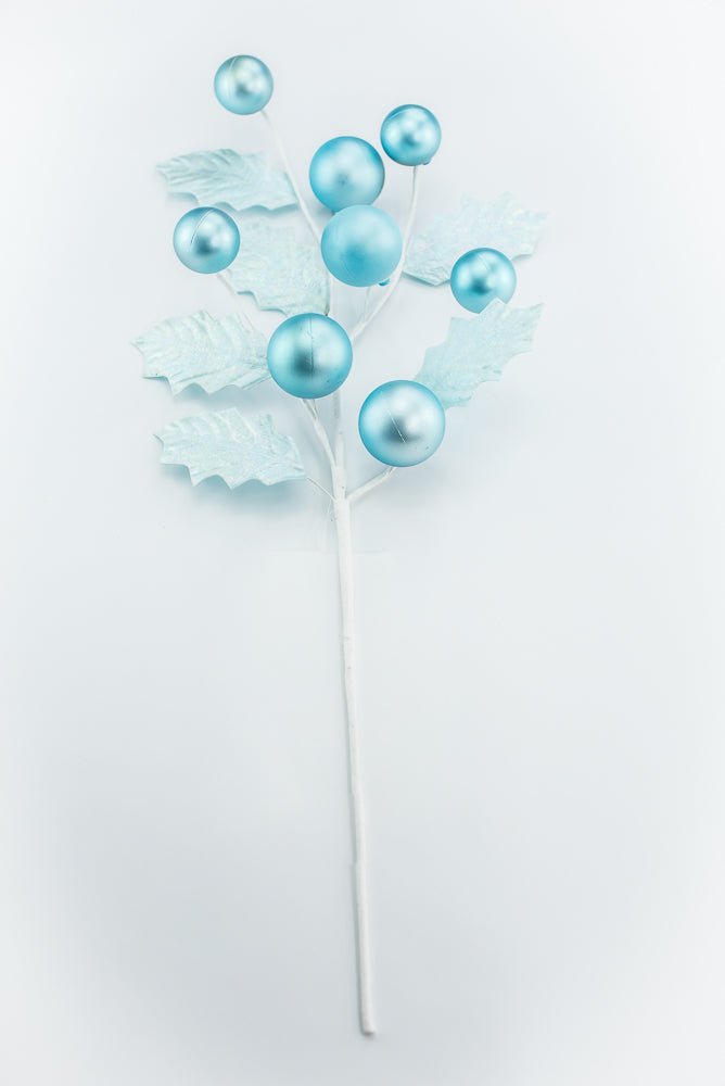 Aqua Blue Holly & Ball Leaves Spray - Greenery Market86344BL