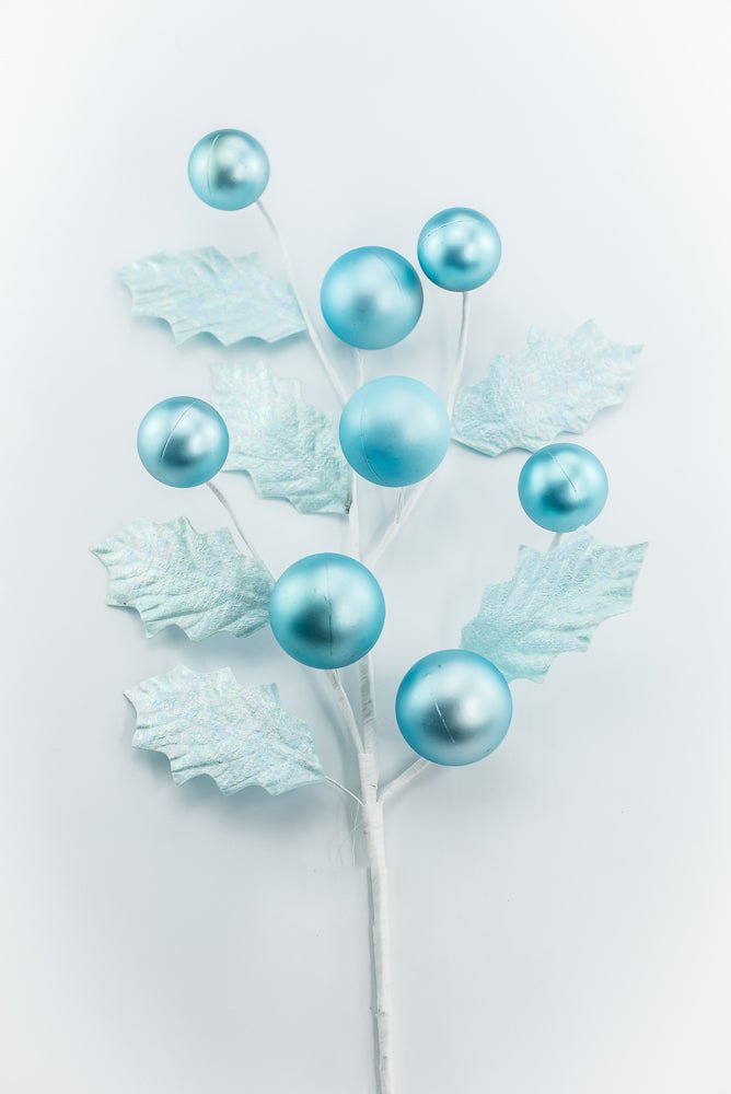 Aqua Blue Holly & Ball Leaves Spray - Greenery Market86344BL