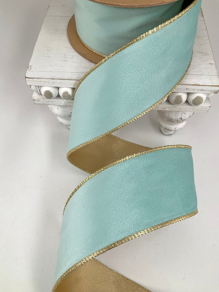 Aqua & Gold Reversible Classic Velvet Wired Ribbon - 2.5" - Greenery Market7115W-314-63E