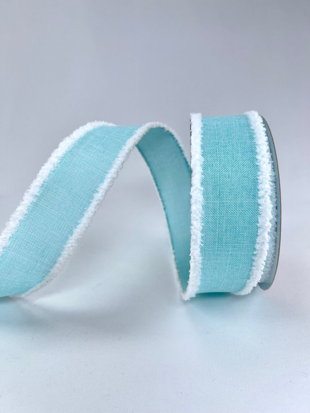 aqua linen with white fluffy edge 1.5” wired ribbon - Greenery MarketWired ribbon110642 AQUA