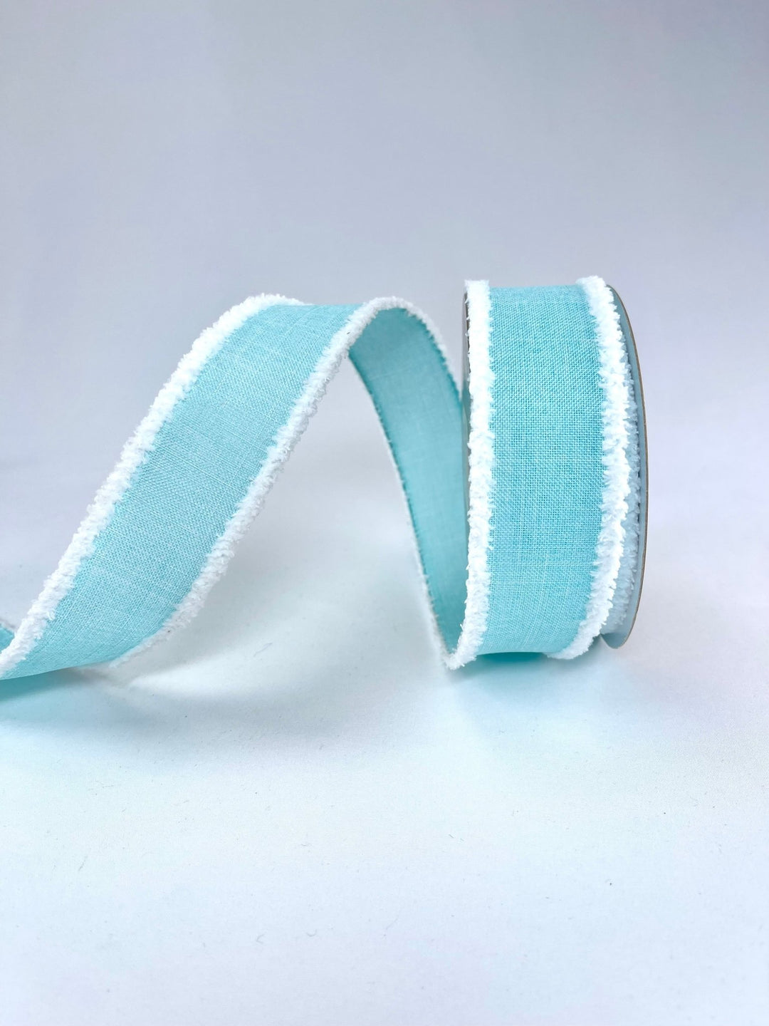 aqua linen with white fluffy edge 1.5” wired ribbon - Greenery MarketWired ribbon110642 AQUA