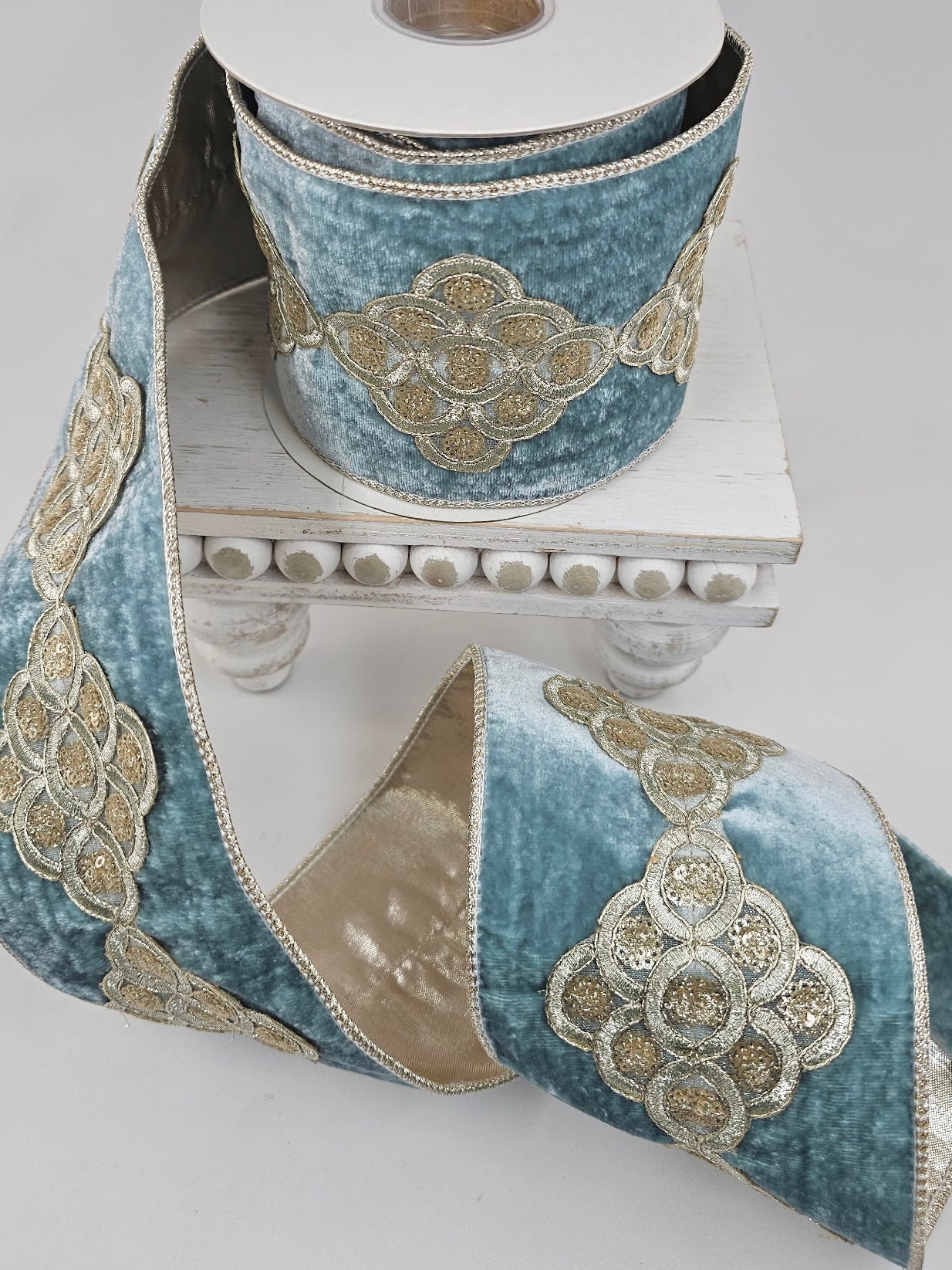 Aqua Sheldon Velvet Trim Metallic Dupioni Ribbon - 4