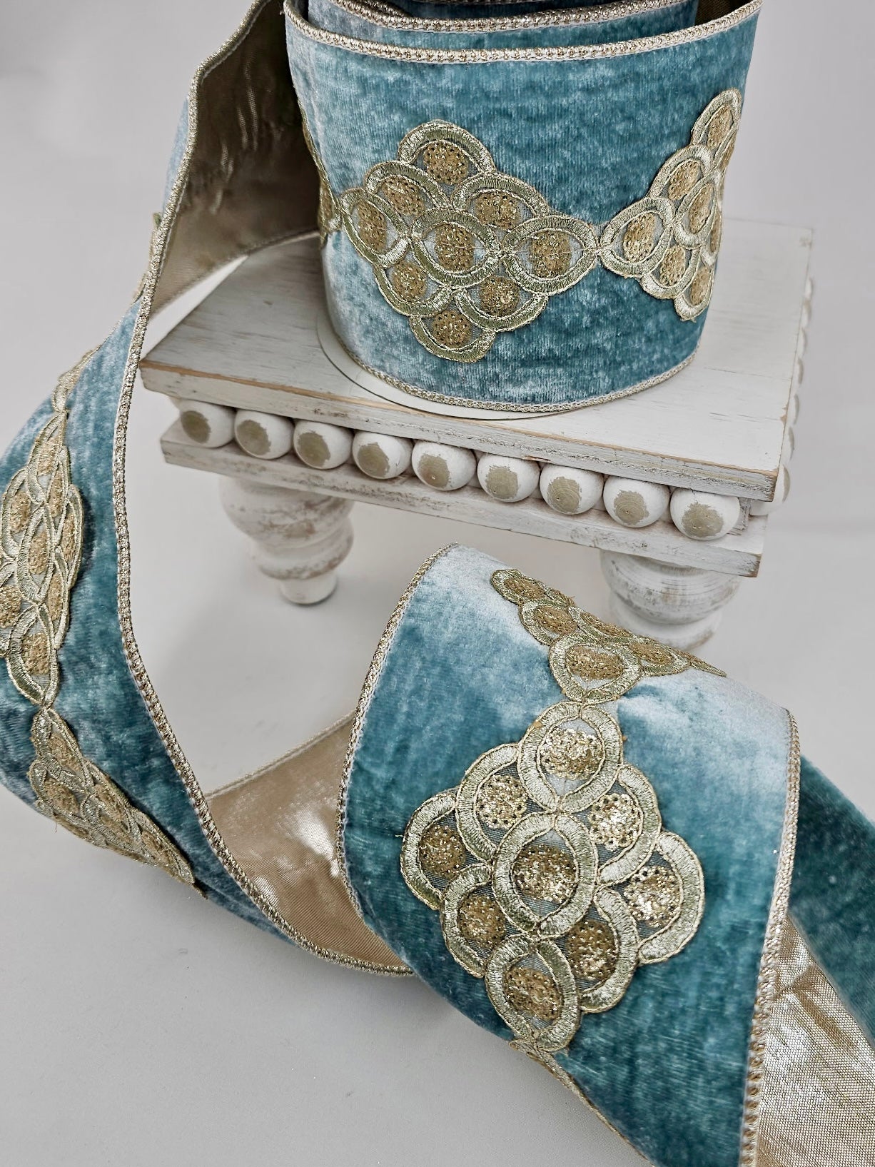 Aqua Sheldon Velvet Trim Metallic Dupioni Ribbon - 4