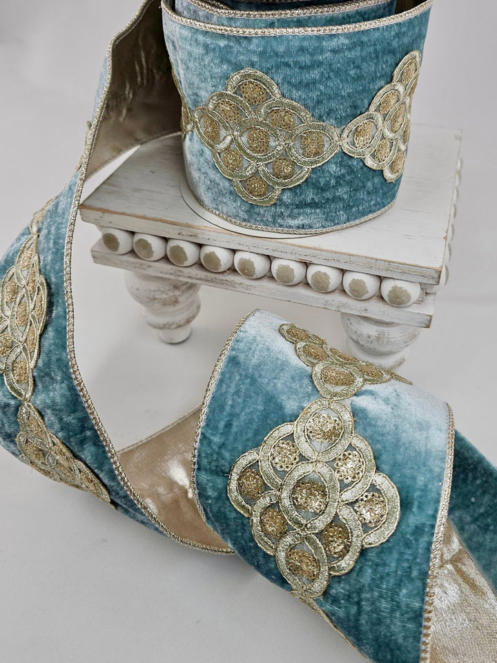 Aqua Sheldon Velvet Trim Metallic Dupioni Ribbon - 4" - Greenery MarketXR586/4AQ