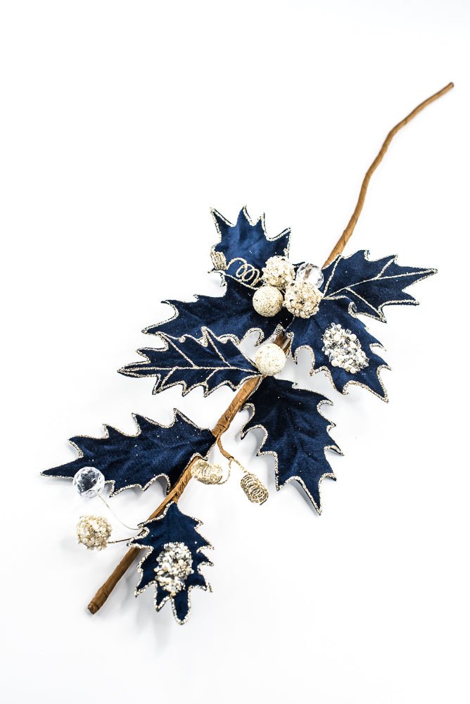 Artificial Blue Velvet Holly Berry With Glitter Spray - 25" - Greenery MarketArtificial Flora85855-BL